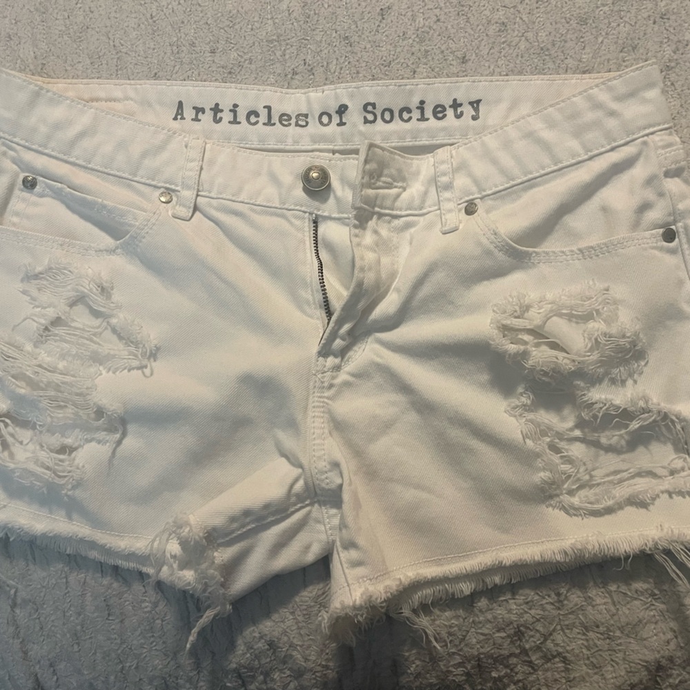 Articles Of Society Distressed White Denim shorts